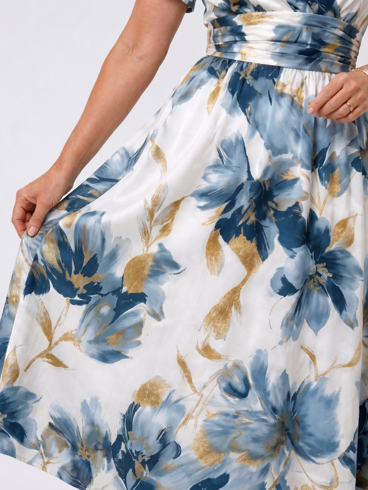 Auvelle | Robe Midi Enveloppe à Manches Courtes Imprimé Floral