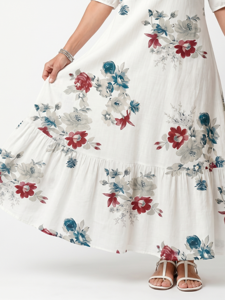 Maeva | Robe midi à motifs floraux épars et lien à pampilles
