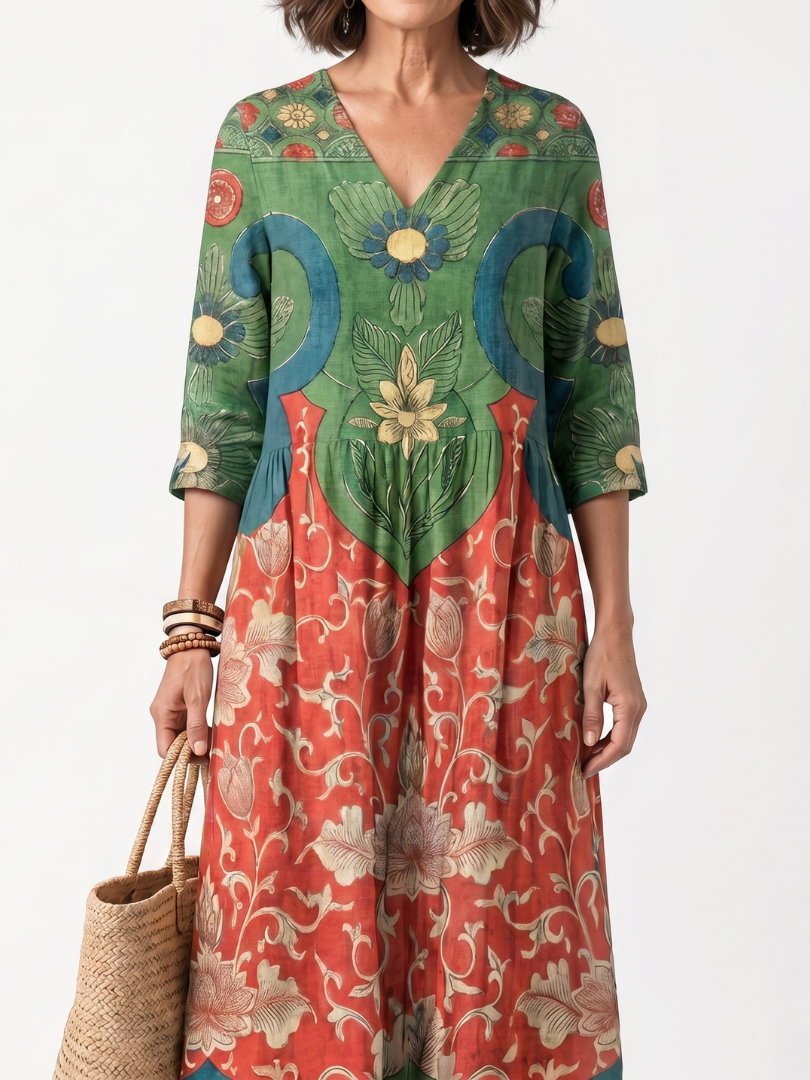 Sloane | Robe midi à imprimés variés, col en V et poches