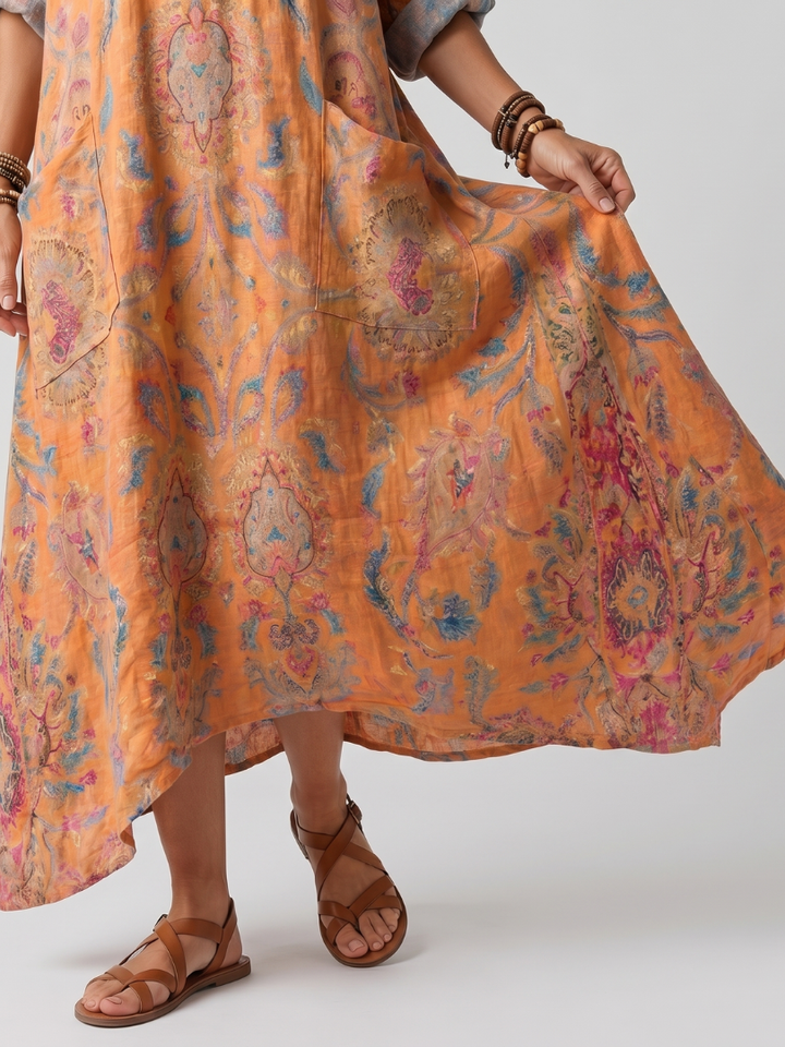 Remi | Robe midi imprimée oversize à poches et col en encoche