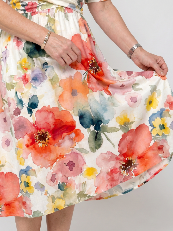 Auvelle | Robe Midi à Imprimé Floral à Manches Courtes et Décolleté en V