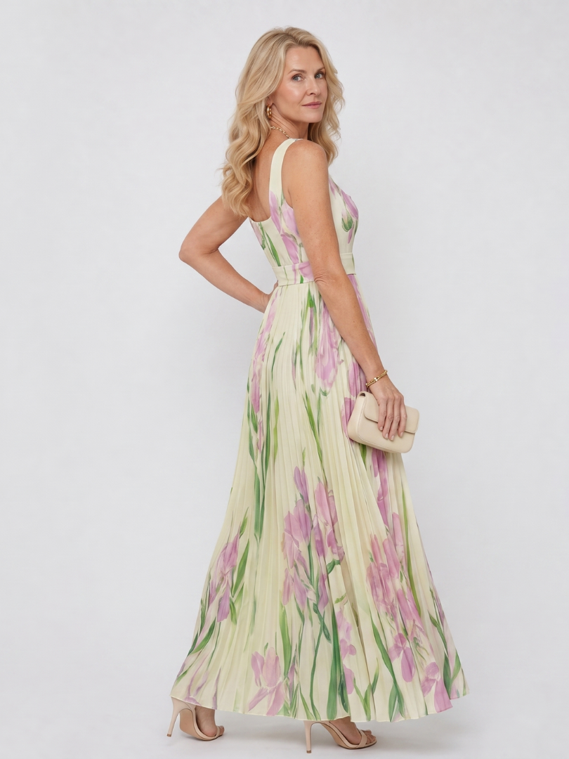 Auvelle | Robe Midi Sans Manches à Encolure Carrée Plissée