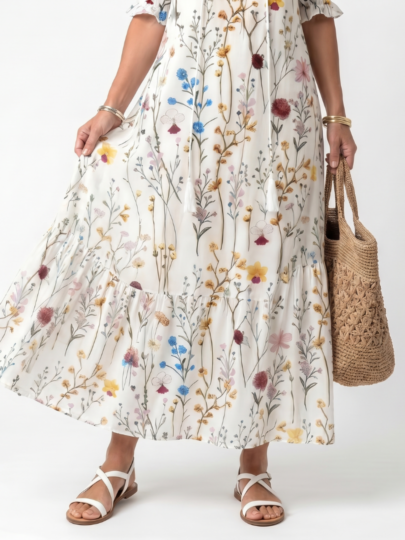 Sylvie | Robe midi à imprimé botanique avec cordon à pompons