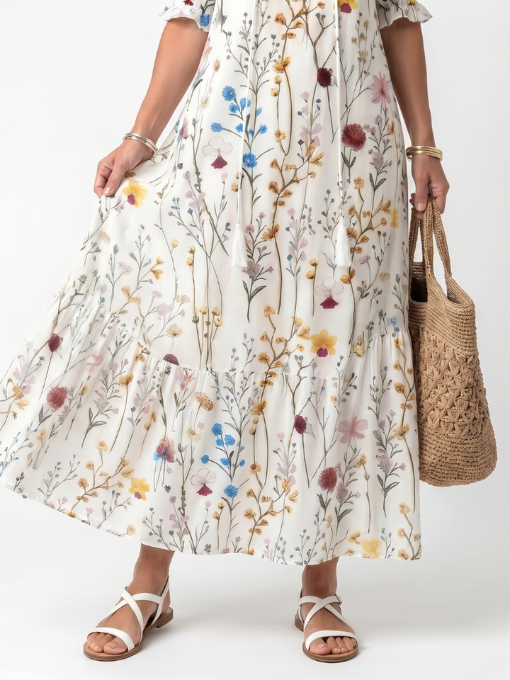 Sylvie | Robe midi à imprimé botanique avec cordon à pompons