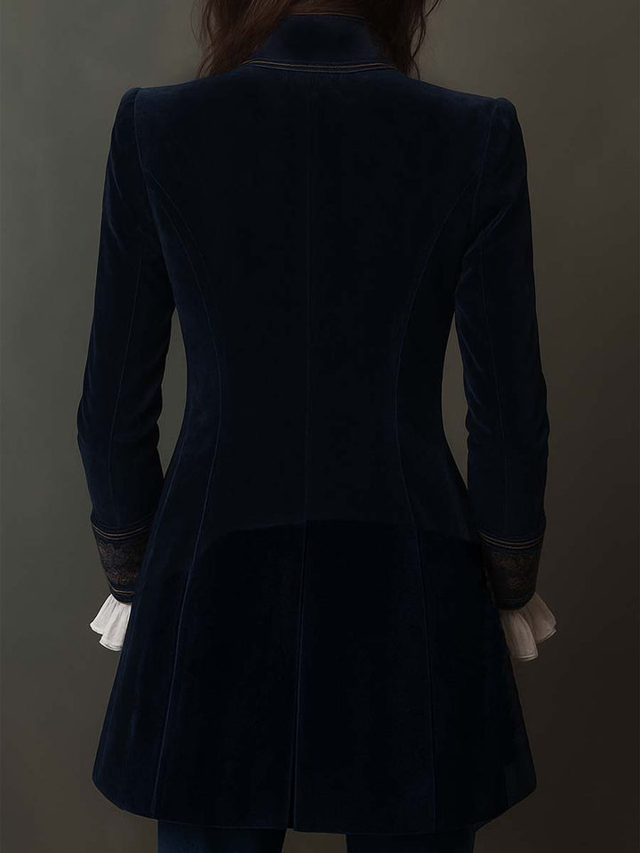 Marguerite | Veste longue brodée bleu marine