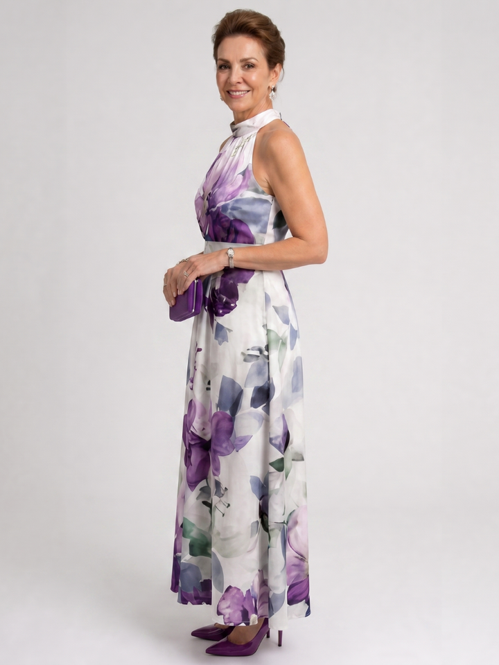 Auvelle | Robe Midi Fluide à Col Halter avec Fleurs Douces