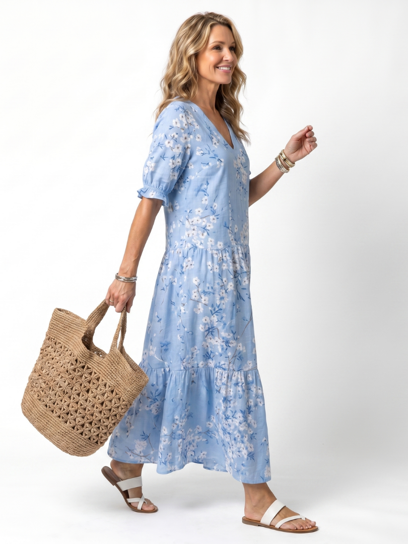 Alora | Robe midi à imprimé floral avec cordon à pompons