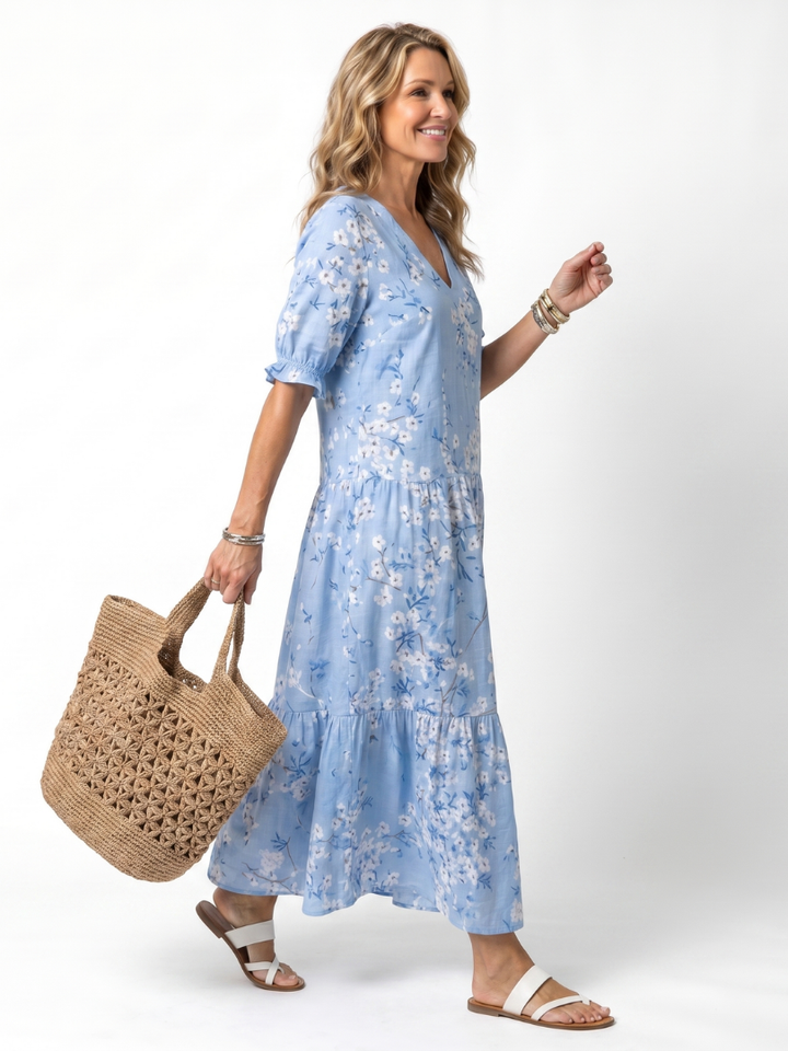 Alora | Robe midi à imprimé floral avec cordon à pompons