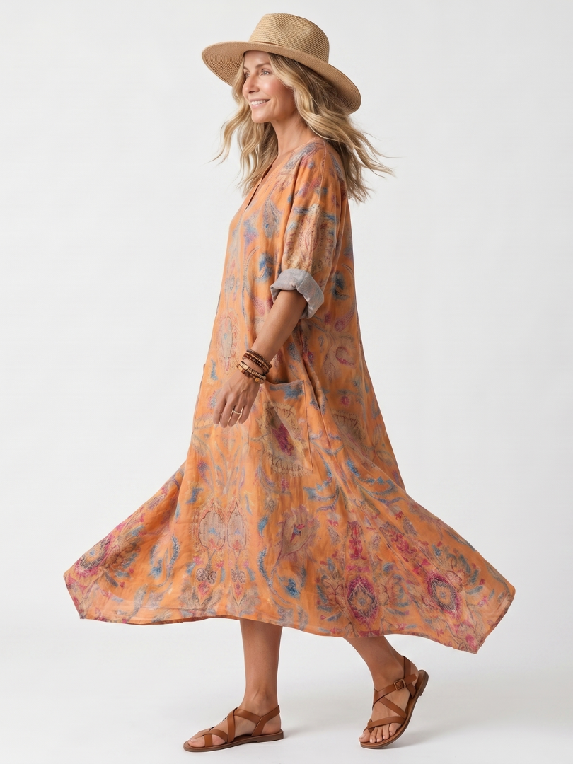 Remi | Robe midi imprimée oversize à poches et col en encoche