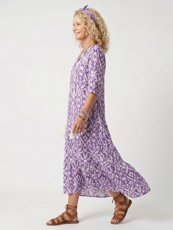 Penelope | Robe midi imprimée à nouage avec pompons