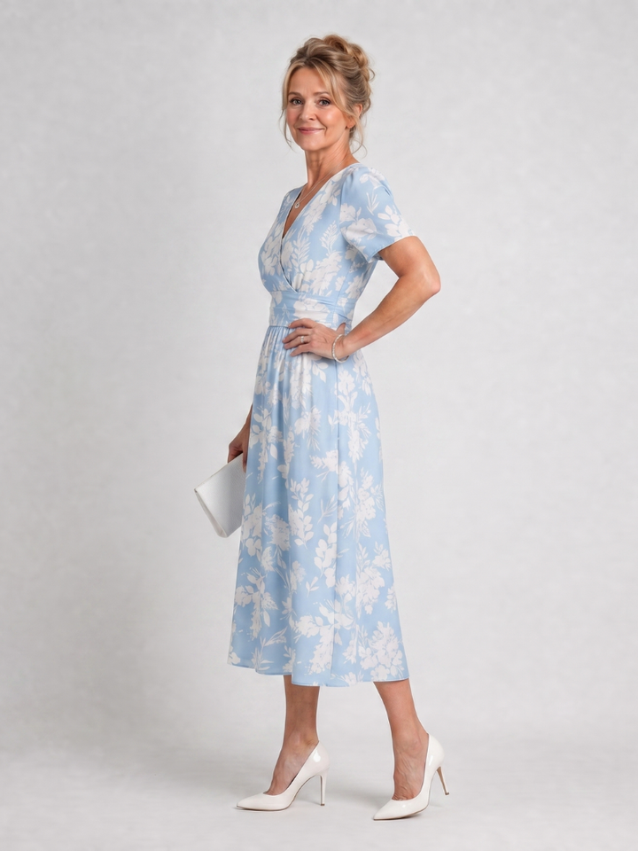 Auvelle | Robe Midi à Manches Courtes Imprimé Floral