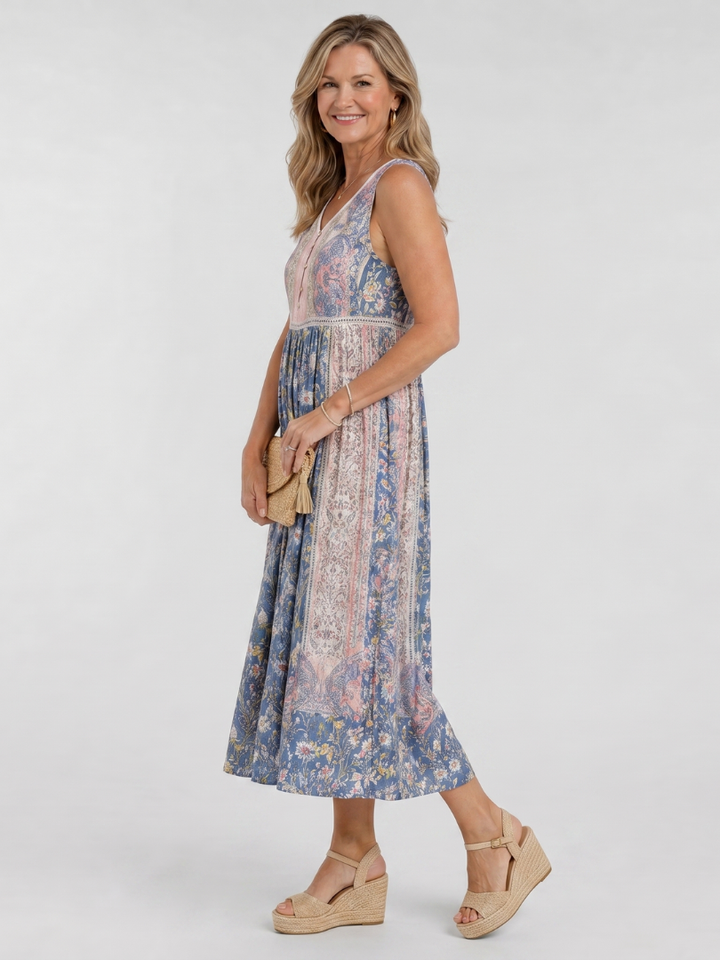 Auvelle | Robe Midi Sans Manches à Détails de Bouton Floral Mixte