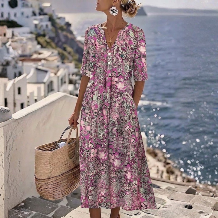 Janice™ | Robe midi d'été élégante avec panneau couvrant le ventre