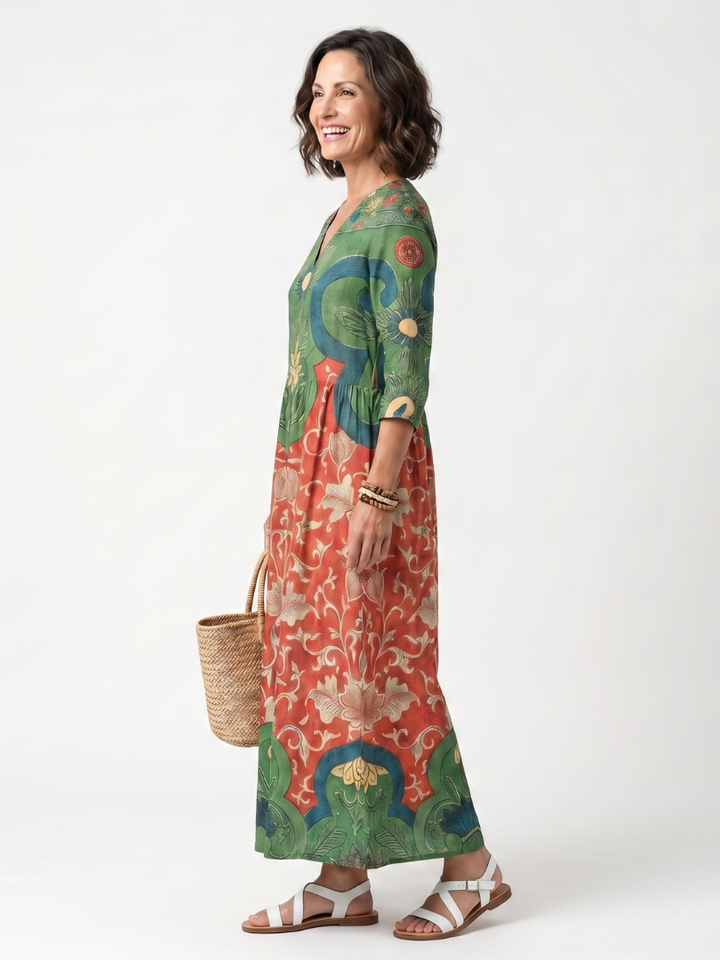 Sloane | Robe midi à imprimés variés, col en V et poches