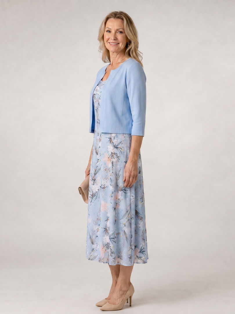 Auvelle | Robe midi sans manches à imprimé floral avec veste courte