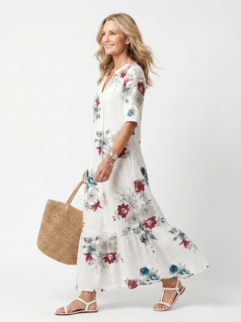 Maeva | Robe midi à motifs floraux épars et lien à pampilles