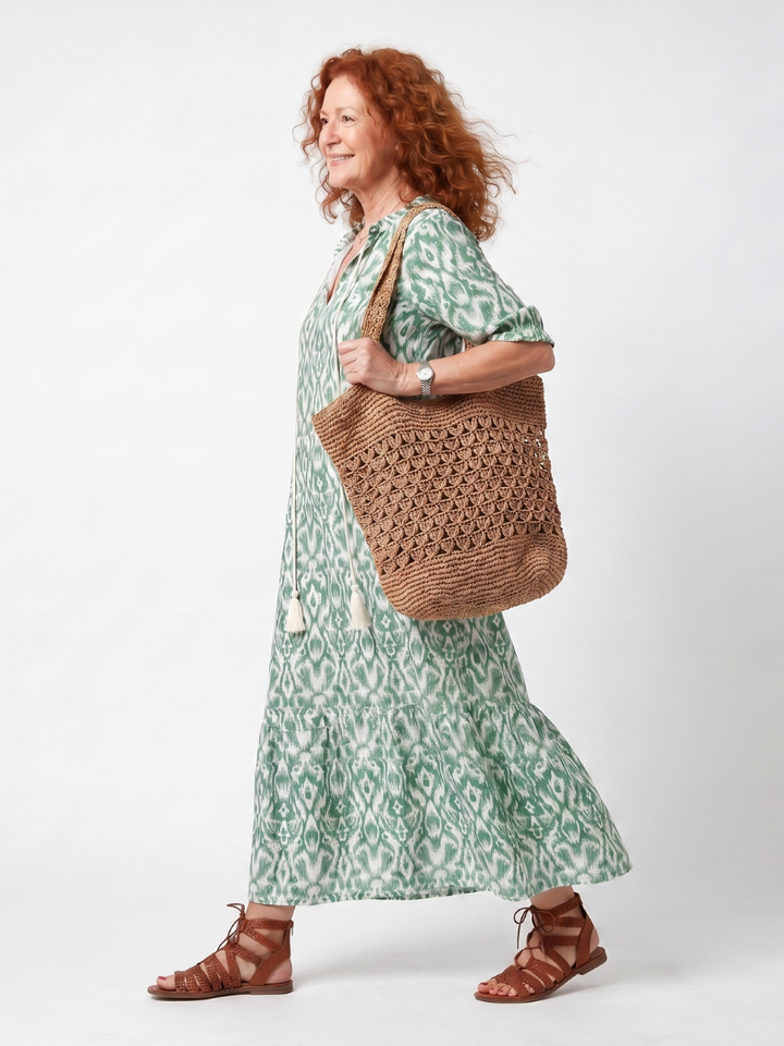 Ilara | Robe midi à motif, décolleté en V et pompons