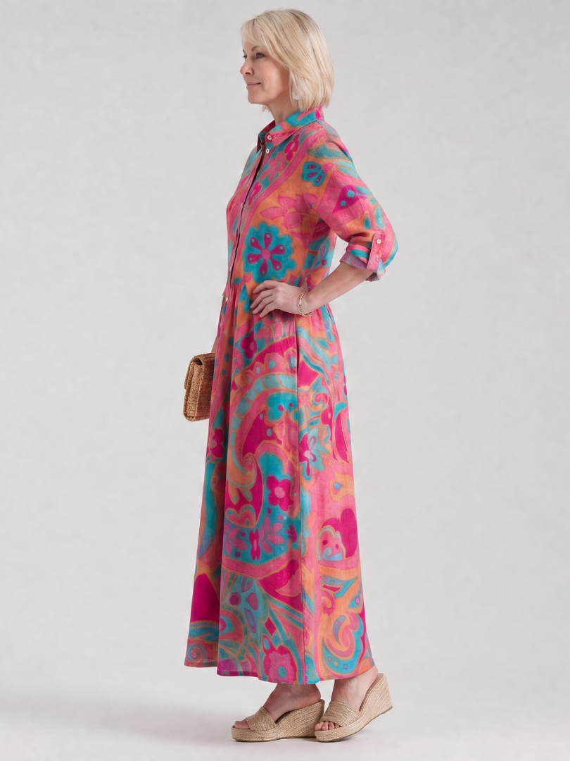 Auvelle | Robe midi à col avec boutons imprimée