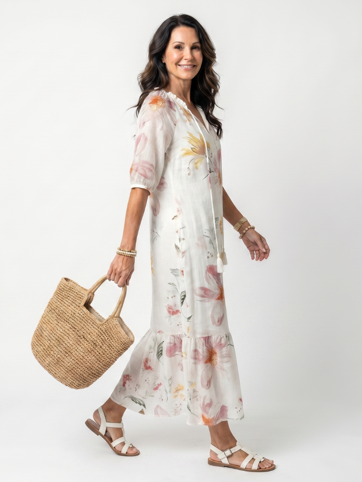 Noa | Robe midi à motifs floraux délicats et à franges en couches