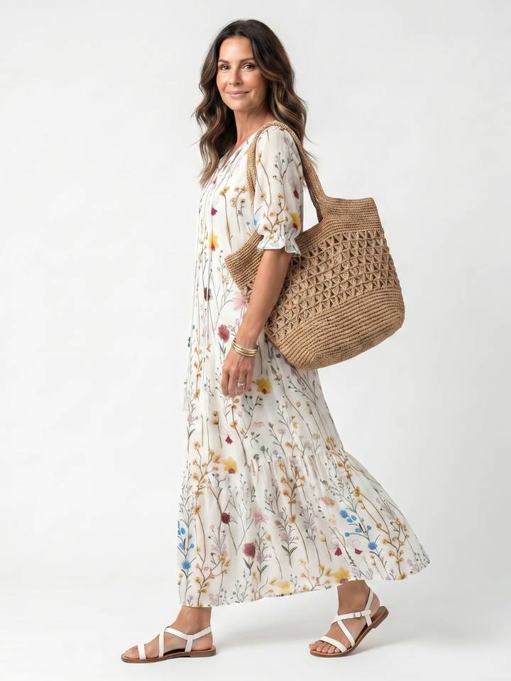 Sylvie | Robe midi à imprimé botanique avec cordon à pompons