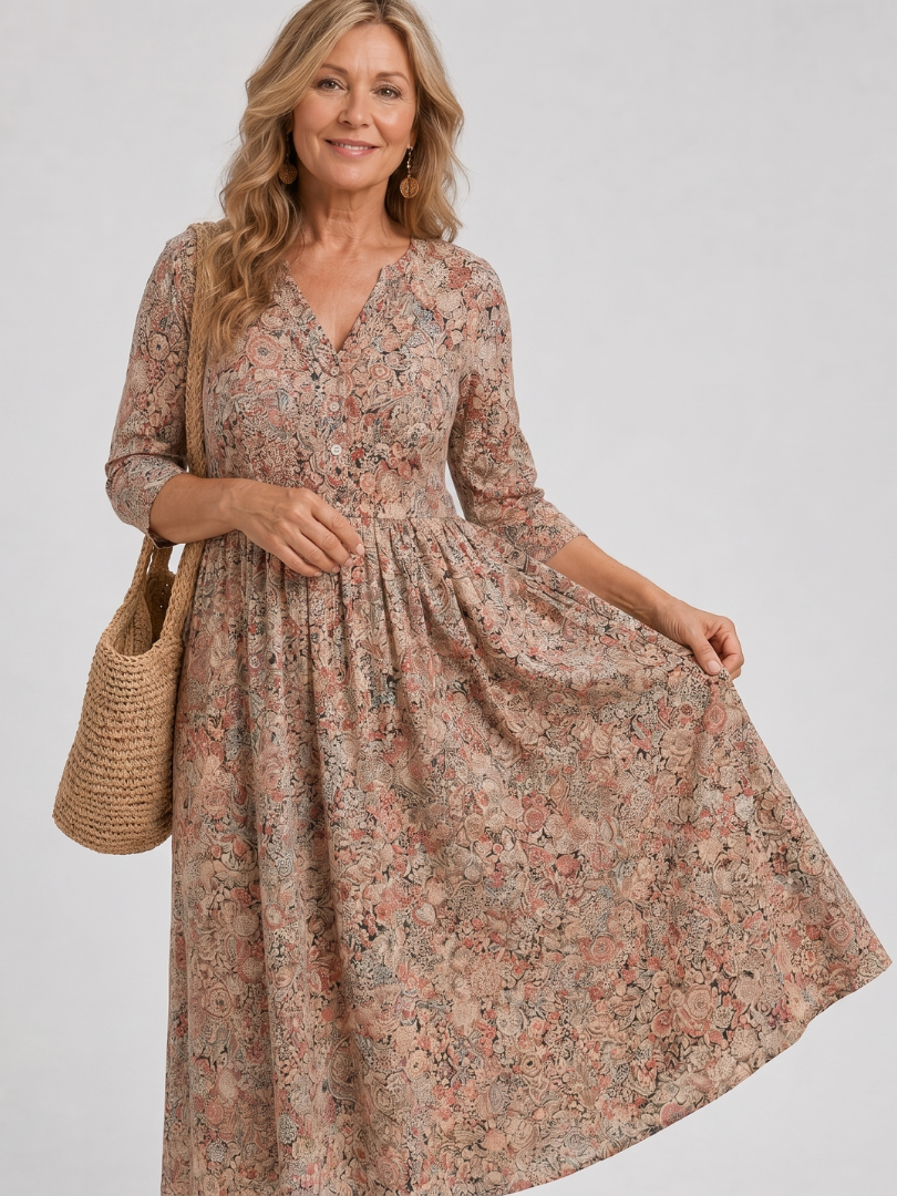 Auvelle | Robe Midi Vintage à Manches Trois Quarts