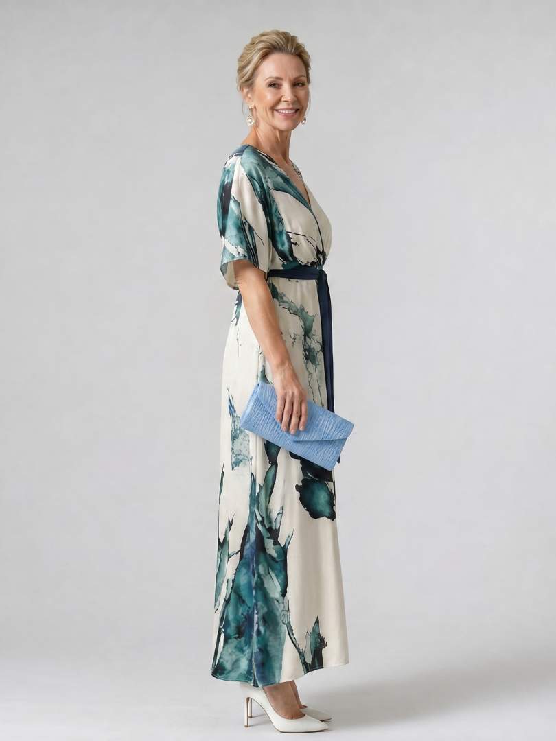 Auvelle | Robe Maxi à Manches Flutter et Ceinture Abstraite