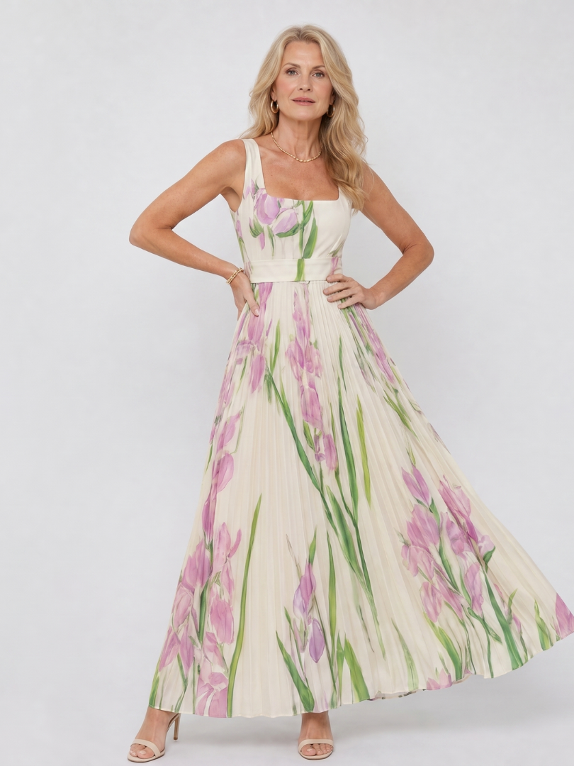 Auvelle | Robe Midi Sans Manches à Encolure Carrée Plissée
