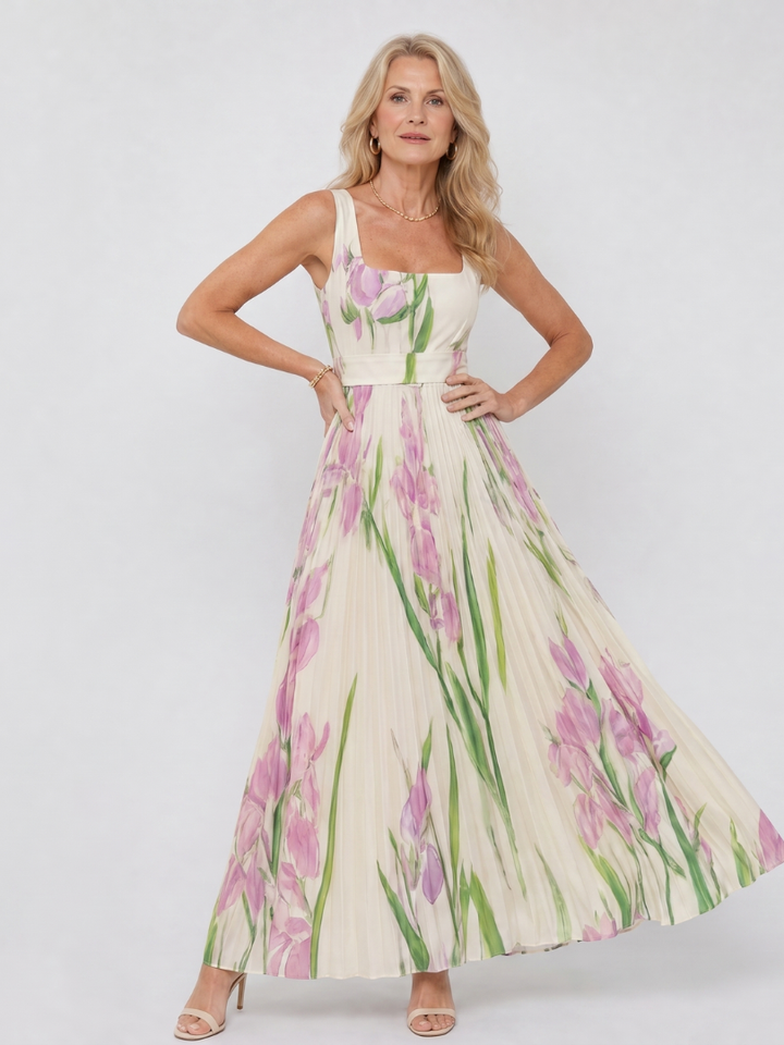 Auvelle | Robe Midi Sans Manches à Encolure Carrée Plissée