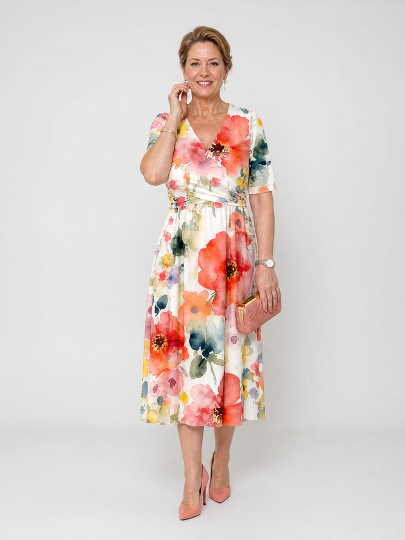 Auvelle | Robe Midi à Imprimé Floral à Manches Courtes et Décolleté en V