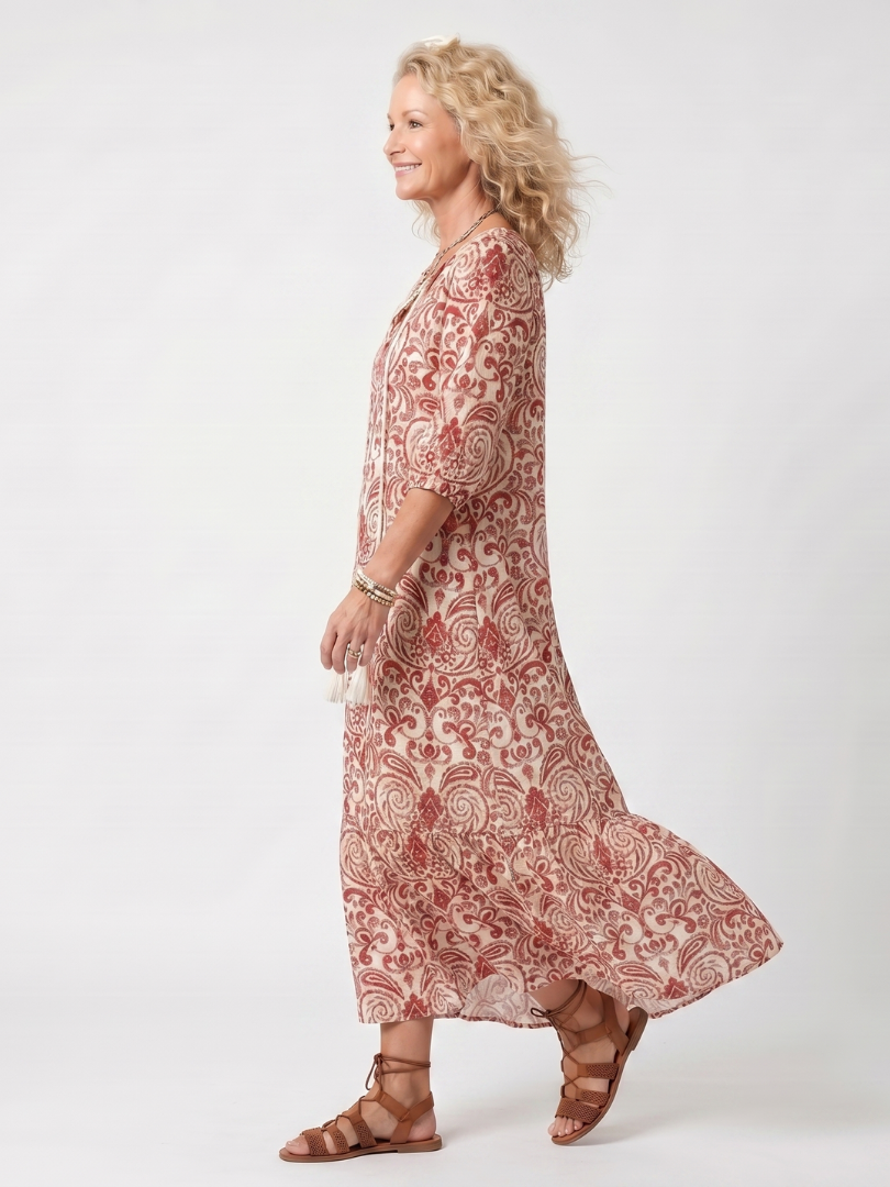 Noelle | Robe midi à imprimé orné et ceinture à pampilles
