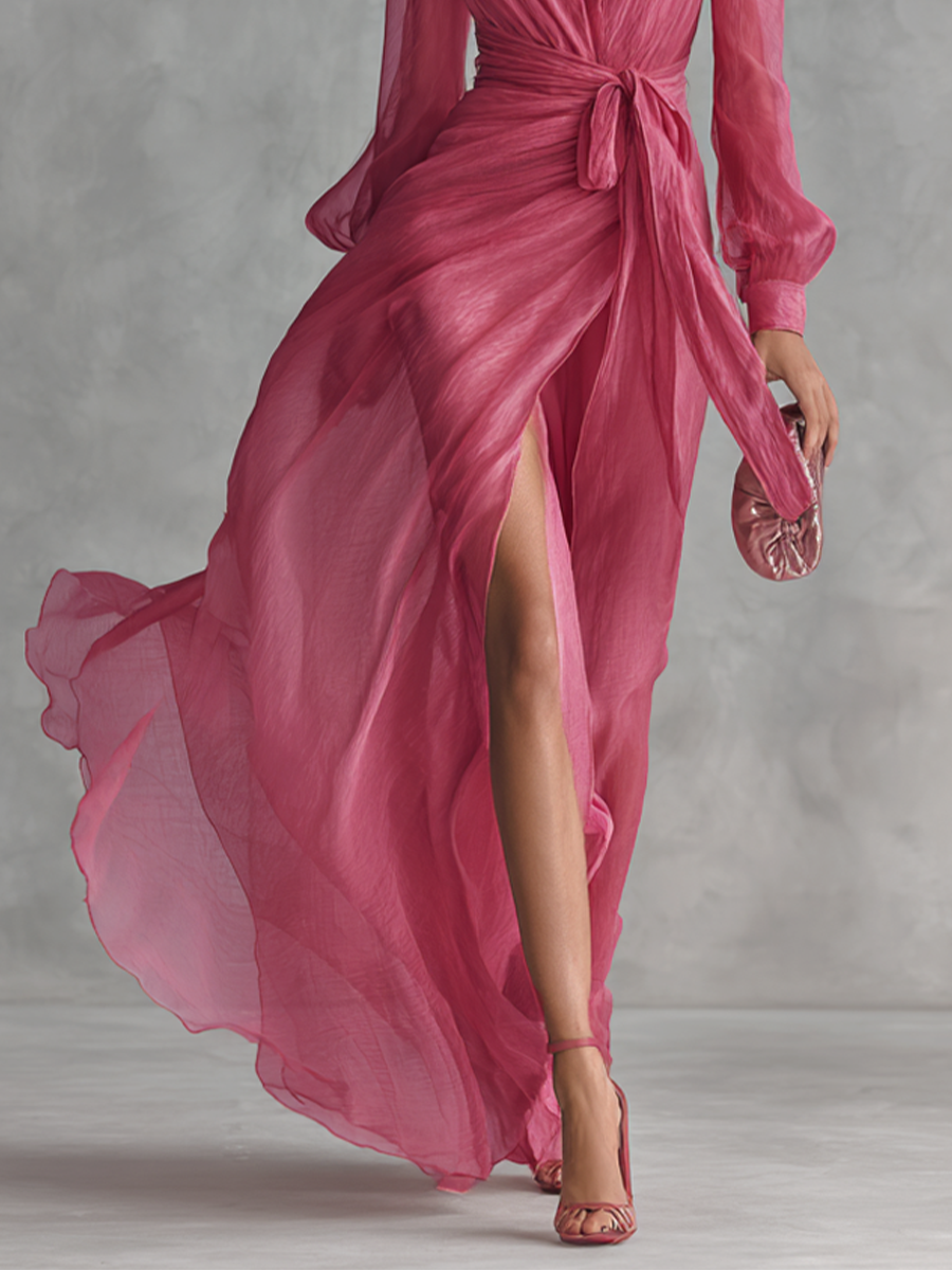 Noemi - Robe longue en chiffon avec des perles et décolleté en V