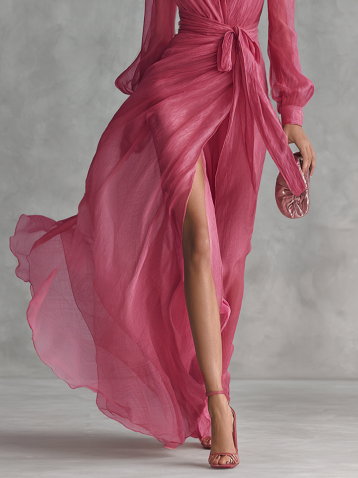 Noemi - Robe longue en chiffon avec des perles et décolleté en V