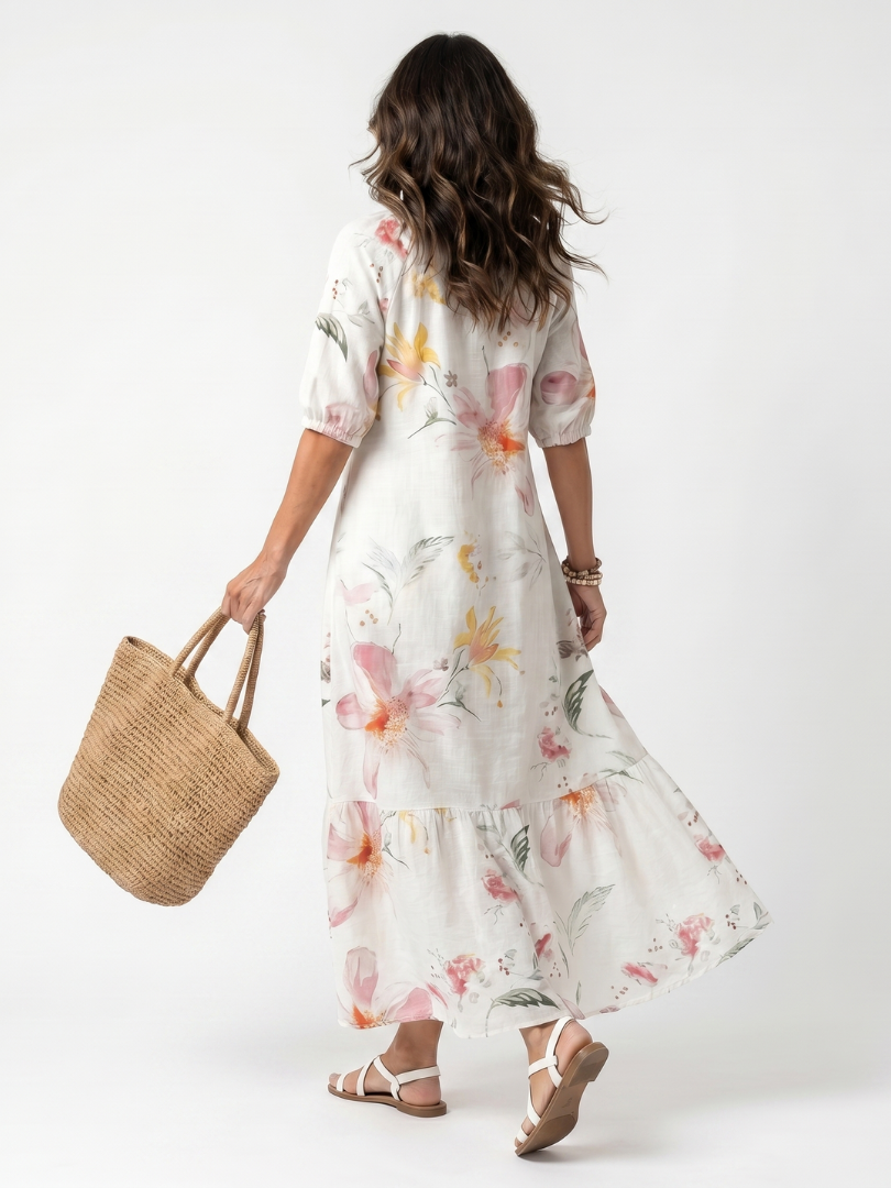 Noa | Robe midi à motifs floraux délicats et à franges en couches