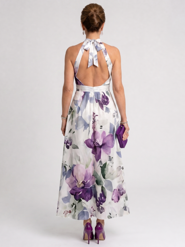 Auvelle | Robe Midi Fluide à Col Halter avec Fleurs Douces
