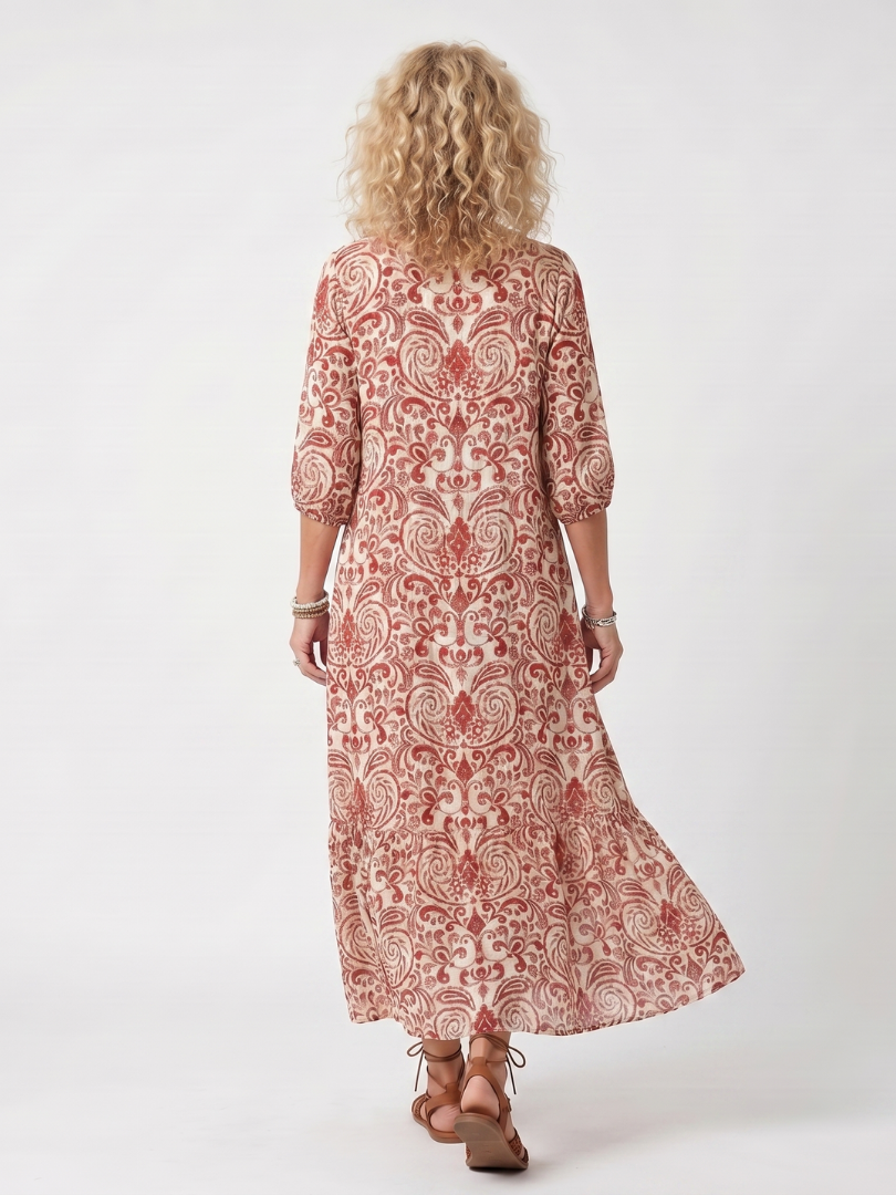 Noelle | Robe midi à imprimé orné et ceinture à pampilles