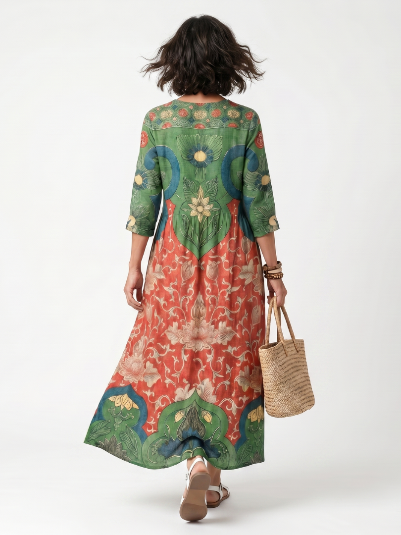 Sloane | Robe midi à imprimés variés, col en V et poches