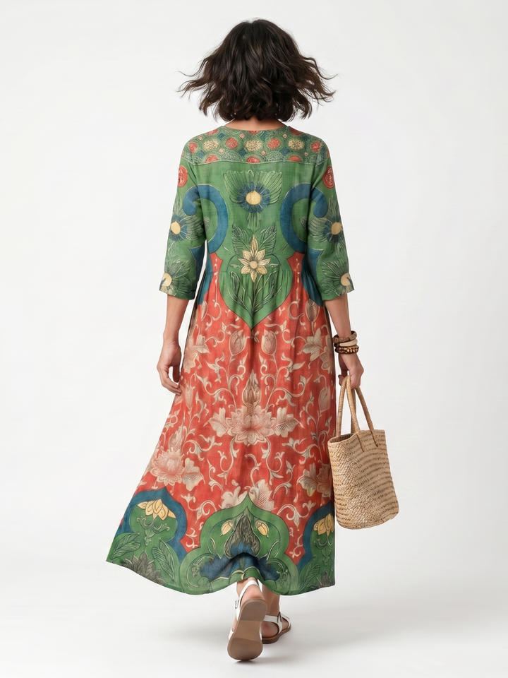 Sloane | Robe midi à imprimés variés, col en V et poches
