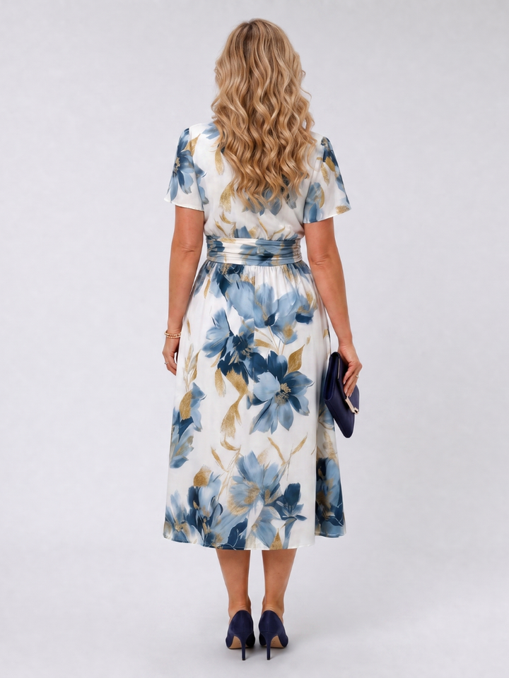 Auvelle | Robe Midi Enveloppe à Manches Courtes Imprimé Floral