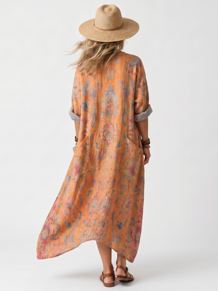 Remi | Robe midi imprimée oversize à poches et col en encoche