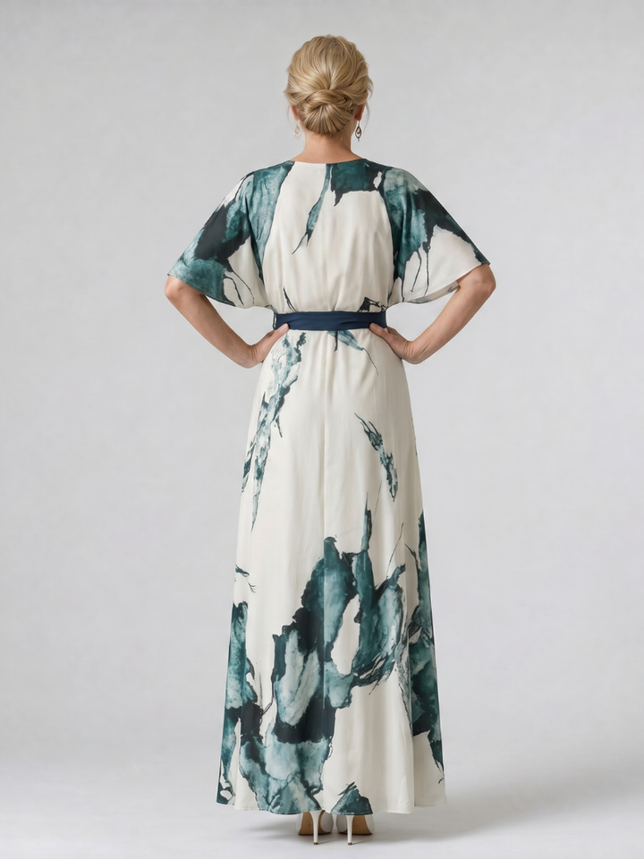 Auvelle | Robe Maxi à Manches Flutter et Ceinture Abstraite