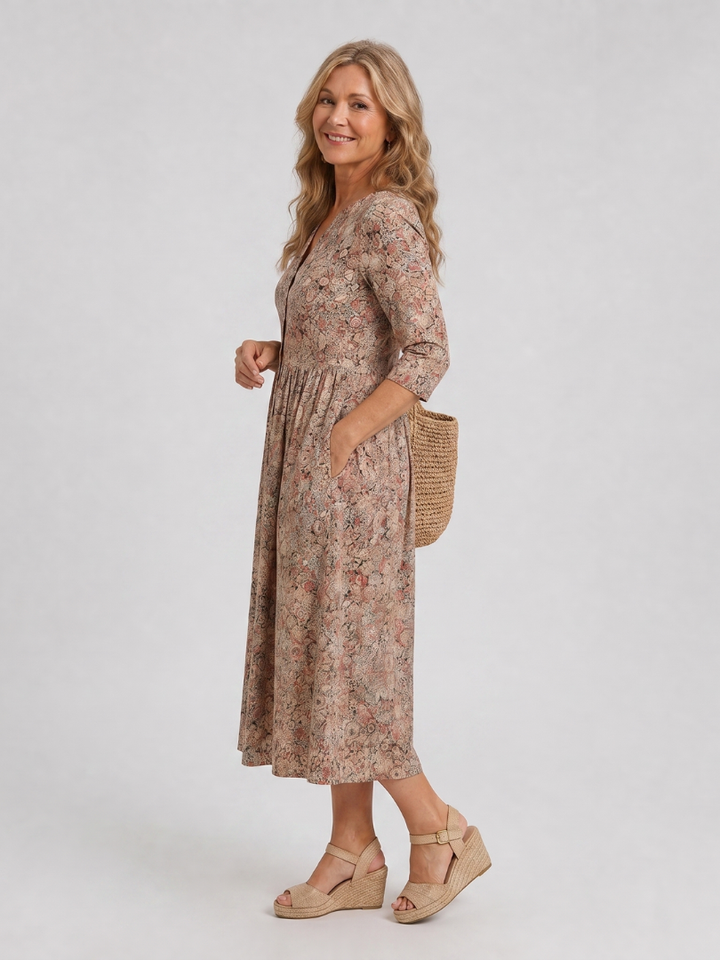 Auvelle | Robe Midi Vintage à Manches Trois Quarts