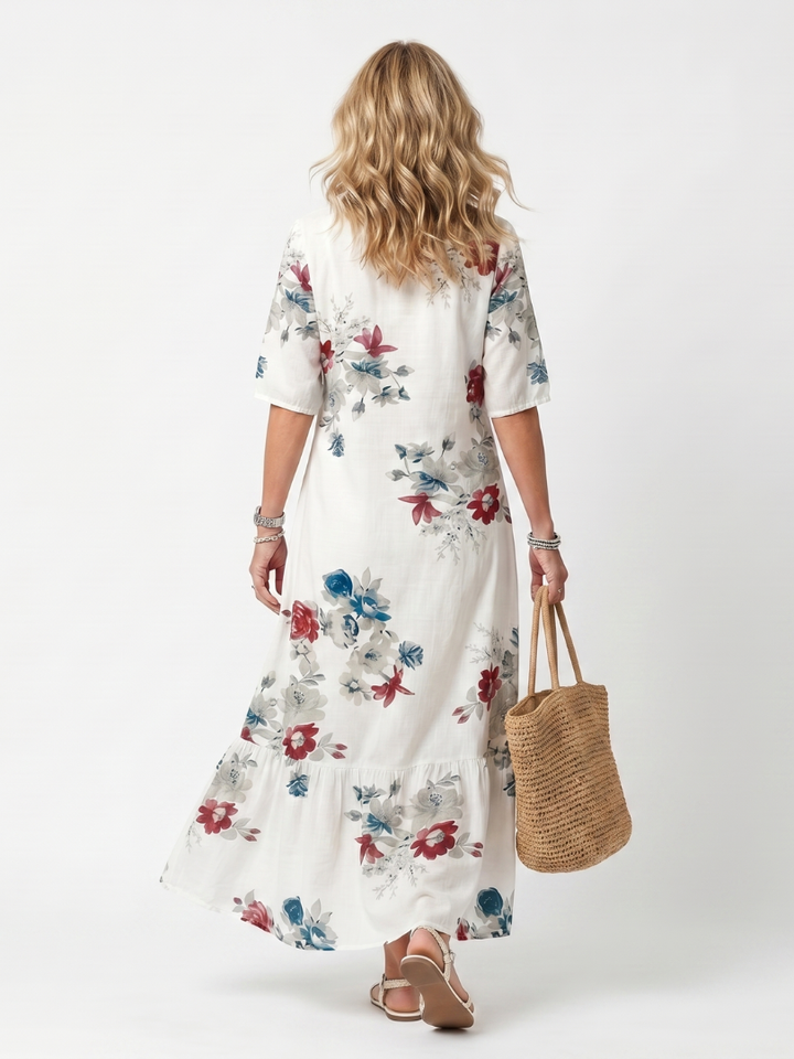 Maeva | Robe midi à motifs floraux épars et lien à pampilles