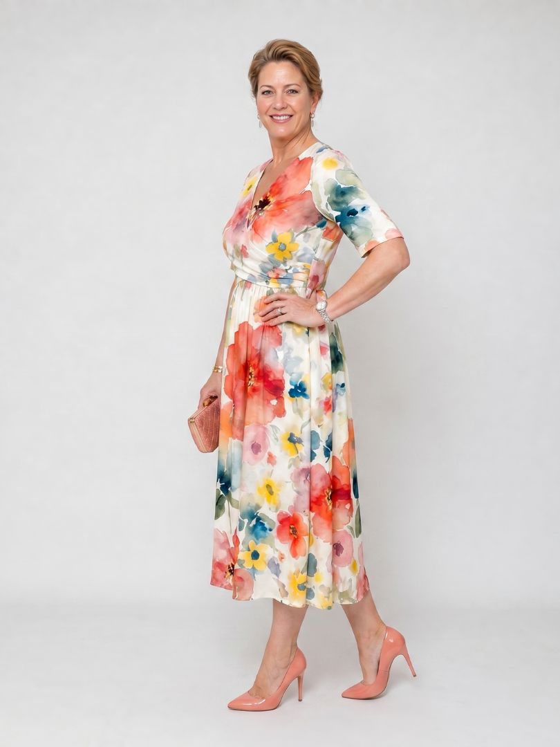 Auvelle | Robe Midi à Imprimé Floral à Manches Courtes et Décolleté en V