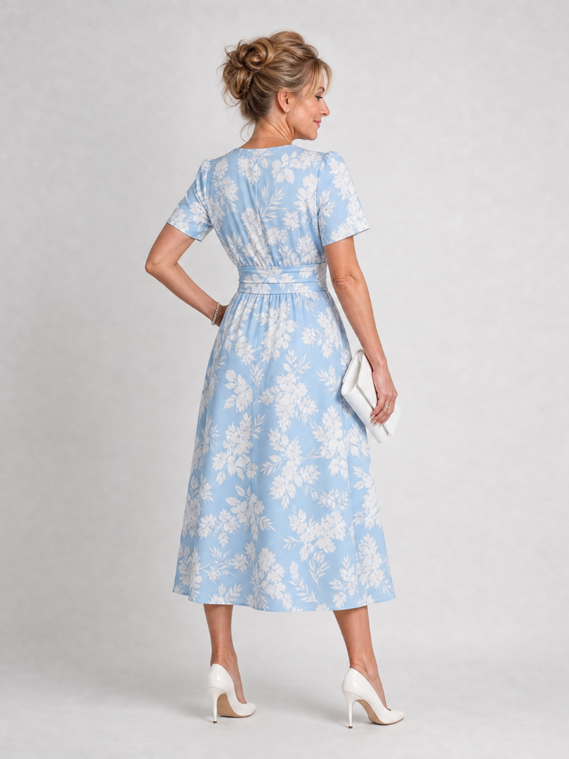 Auvelle | Robe Midi à Manches Courtes Imprimé Floral