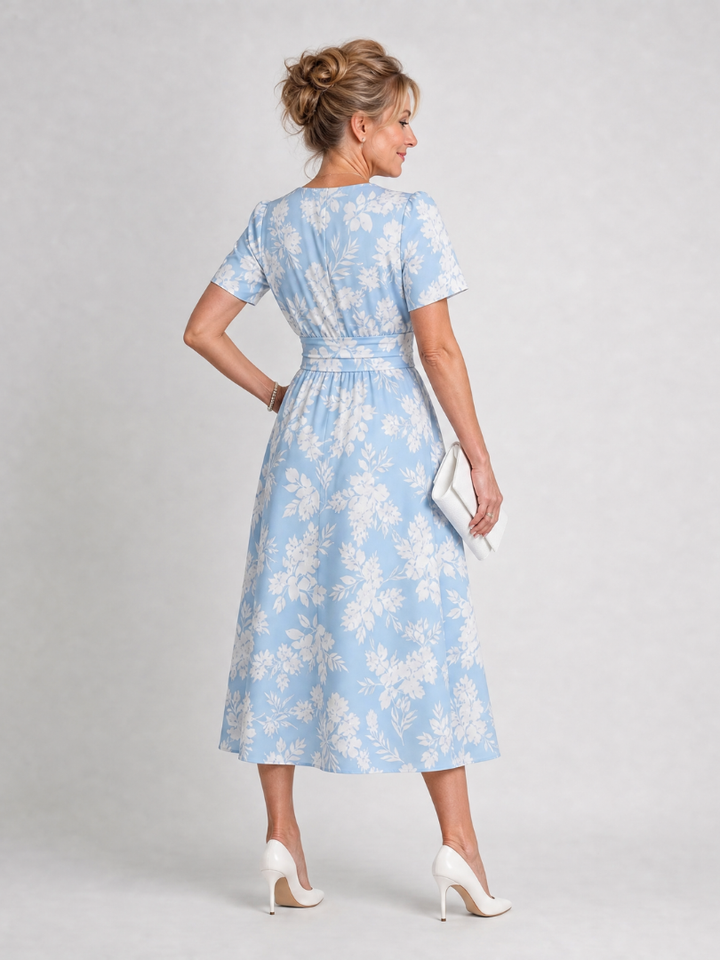 Auvelle | Robe Midi à Manches Courtes Imprimé Floral