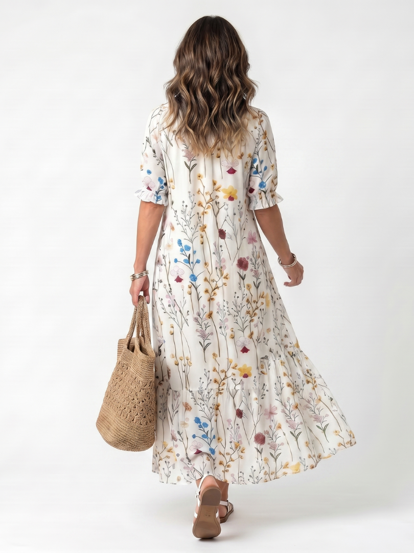 Sylvie | Robe midi à imprimé botanique avec cordon à pompons