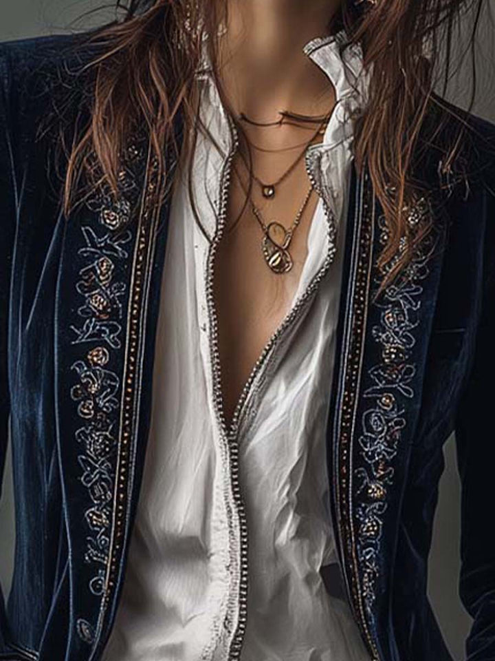 Marguerite | Veste longue brodée bleu marine