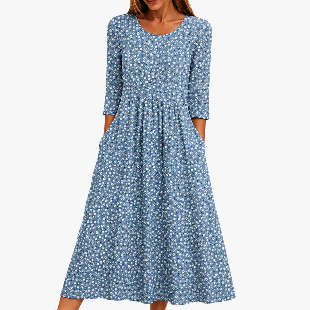 Robe midi fleurie Bleu Prairie à porter facilement
