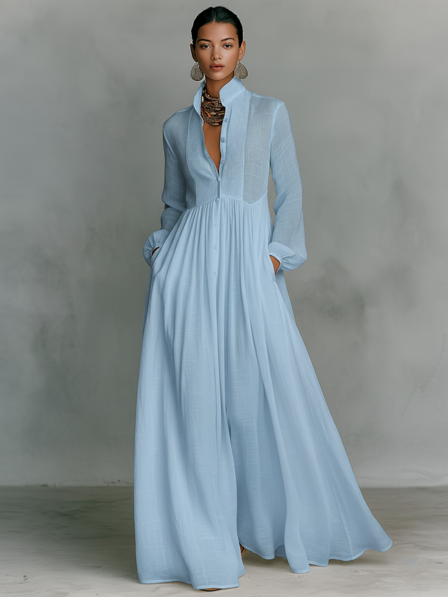 Marta - Robe maxi en lin avec détails patchwork et col montant