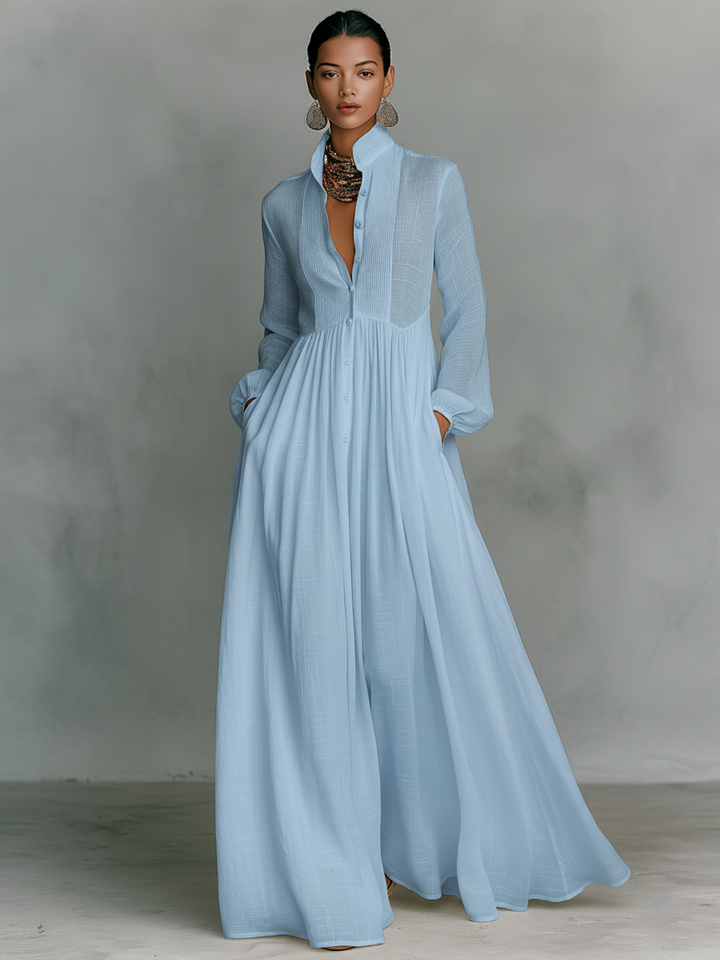 Marta - Robe maxi en lin avec détails patchwork et col montant